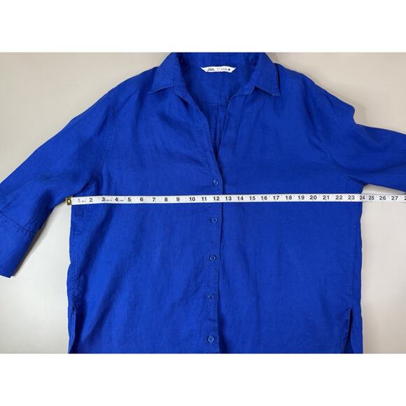 ZARA 100% Linen Oversized Button Down Shirt Women’s XS Royal Cobalt Blue Beachy - Picture 7 of 15